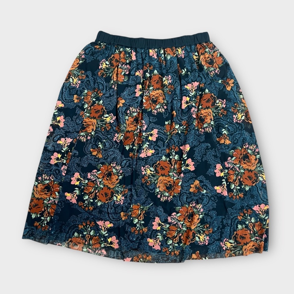 Whimsigoth Dark Cottagecore Floral Mesh Midi Skirt Navy Large